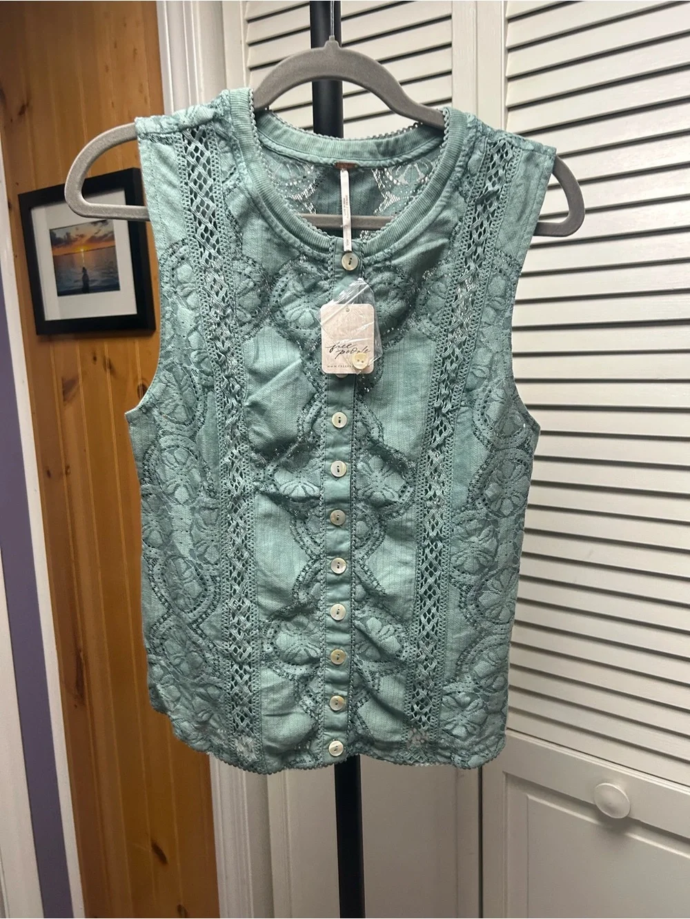 Free People Sleeveless GREEN Lace Button-Front Top